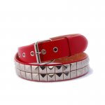 2 Row Silver Pyramid Metal Studded Red Faux Leather Belt