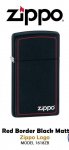 Zippo Red Border Lighter, Black Matte, w/Zippo Logo, Slim 1618ZB