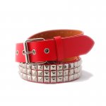 3 Row Silver Pyramid Metal Studded Red Faux Leather Belt