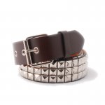 3 Row Silver Pyramid Metal Studded Brown Faux Leather Belt
