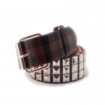 3 Row Pyramid Metal Studded Brown Faux Leather Checker Belt