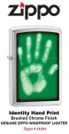 Zippo Identity Hand Print Green Lighter, Brushed Chrome