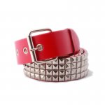 4 Row Silver Pyramid Metal Studded Red Faux Leather Belt